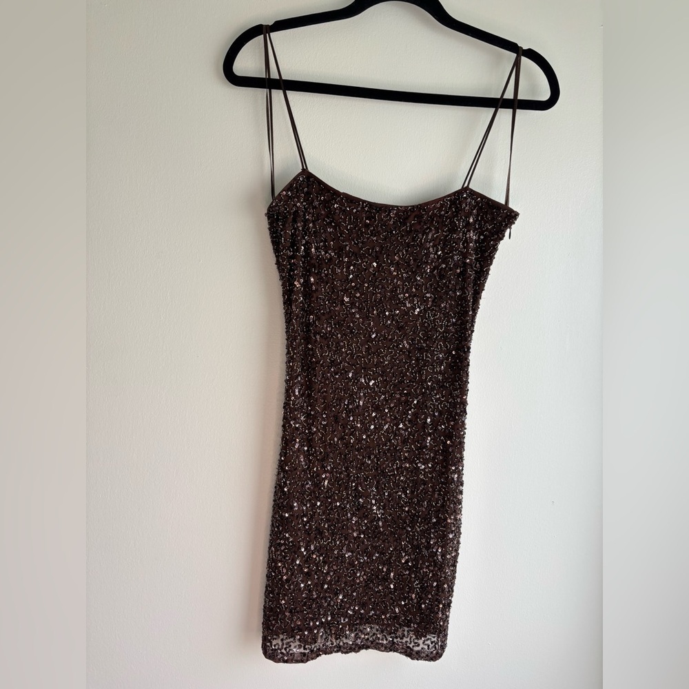 Retrofête Brown Sequin Spaghetti Strap Mini Dress Size L Side Zipper Fully Lined - Picture 6 of 13